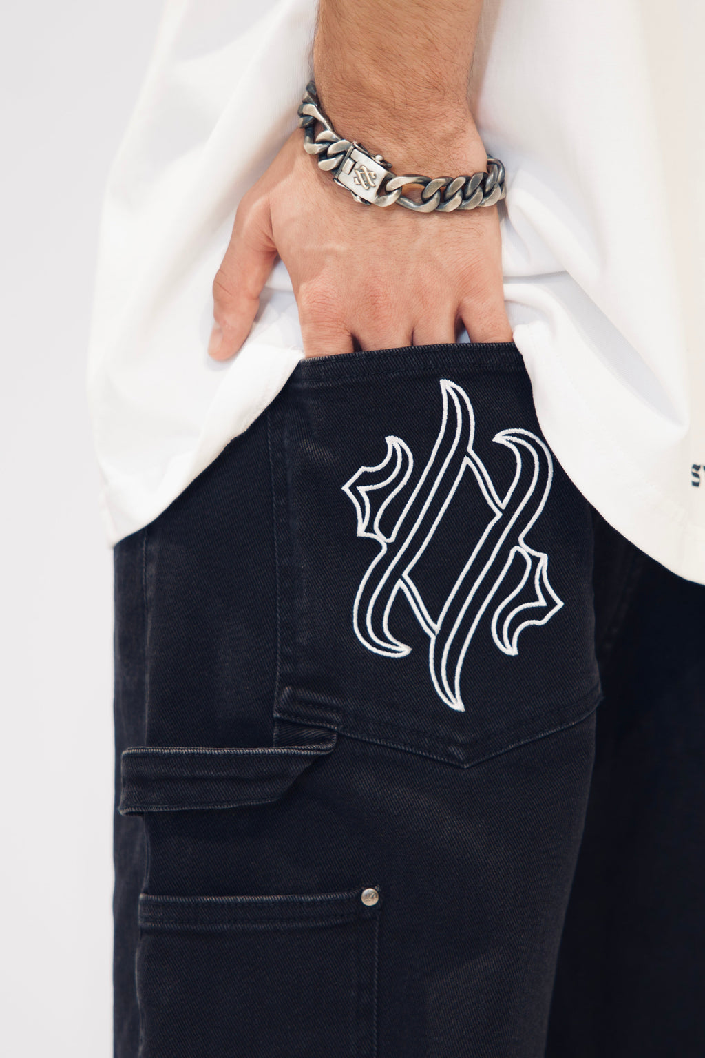CUT OUT WASHED BLACK DENIM IDOL STUDIOS