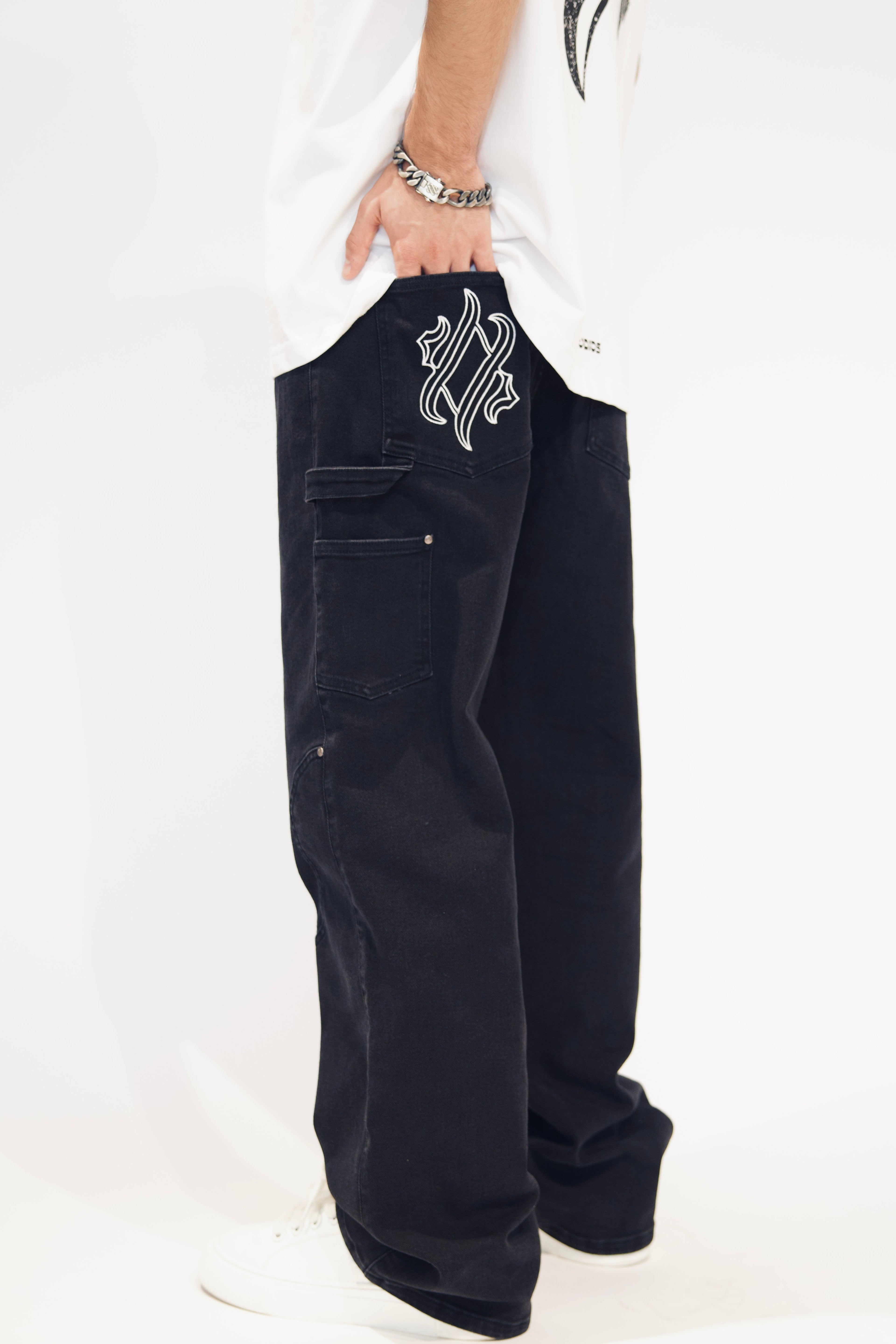CUT OUT WASHED BLACK DENIM IDOL STUDIOS